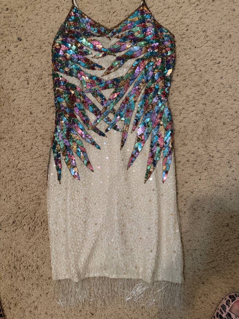 Sequined Fringe Slip Dress - Multicolor on Ivory